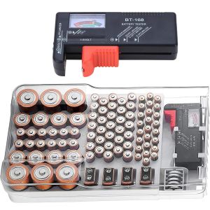 Organiseur de piles avec testeur de batterie amovible, bo&icirc;te de rangement avec couvercle peut contenir 93 piles de tailles diff&eacute;rentes pour AAA, AA, 9 V, piles plates, C, D - Neuf