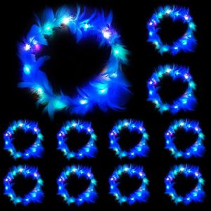 Kal-Couronne De Fleurs Led, 10 Pcs Couronne De Plumes Bandeau, Led Plumes Guirlande Cheveux, Pour Les Femmes Filles Fête De Mariage D'anniversaire Carnaval Noël Halloween Accessoires (Bleu) - Neuf