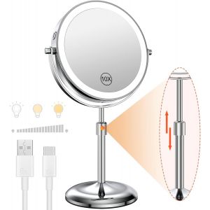 Illuminated Makeup Mirror With 10 Times Magnification And 3 Colour Lights, Adjustable Brightness And Height, 7 Inches And 360&deg; Rotating Rechargeable Led Make-Up Mirror With - Neuf