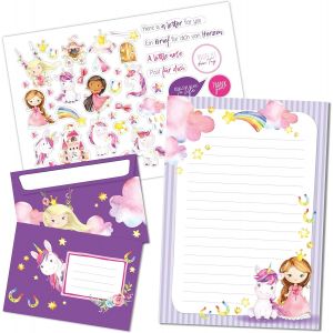 Lot De 50 Feuilles De Papier À Lettres Imprimées Multicolores - Papier À Lettre Avec Feuille D'autocollants - 20 Enveloppes Imprimées - Idée Cadeau Pour Enfants - Licorne - Neuf
