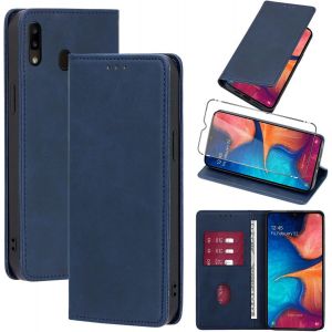 Kal-Coque Cuir Pour Samsung Galaxy A20e 5.8"" Avec 1 Verre Trempé Etui À Rabat En Pu Porte-Cartes Portefeuille Support Flip Housse Magnétique Antichoc Anti-Rayures Case,Bleu - Neuf