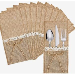 Porte-Ustensiles En Toile De Jute En Dentelle,Porte-Couvert En Toile Jute Et Dentelle,Vintage,D&eacute;coration De Table Pour Mariage,Anniversaire(10 Pi&egrave;ces,Dimension : 11 X 21cm) - Neuf