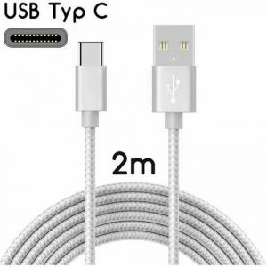 Cable USB-C vers USB 2.0 | Cable de charge en nylon avec connecteur USB Type-C / 2 m | Argent - Neuf