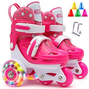 Patins A Roulettes Quadruples Pour Enfants, Chaussures A Roulettes A 3 Points D'equilibre Pour Filles Et Garcons, Taille Reglable, Doubles Freins, Roues Lumineuses - Neuf