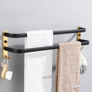 Porte Serviette Salle de Bain sans Percage Porte-Serviettes Murale Noir avec 2 Crochets Barre Serviette en Aluminium Cuisine Or Noir 2 Couches 50cm - Neuf