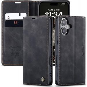 Maa-Coque Iphone 16 Plus Housse Antichoc En Cuir Pu Premium Fentes Cartes Etui Pochette De Portefeuille Avec Fonction Support Case À Rabat Pour Iphone 16 Plus - Noir - Neuf