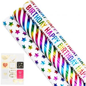 Rouleau De Papier D'emballage Cadeau, Joyeux Anniversaire, Bande Brillante &Agrave; Pois, 3 Motifs, Papier D'emballage En Rouleau Avec Autocollants, 43,2 X 3 M Pour Emballage Cadeau D'anniversaire - Neuf