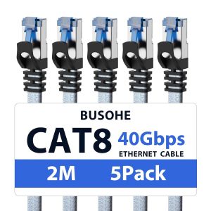 ERSHI-Cat 8 Câble Ethernet 2m (5 Pièces), Câble Réseau LAN Gigabit RJ45 Plat Haut Débit, Tressé Cable Internet 40Gbps 2000Mhz Comp[1 - Neuf