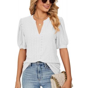 Utigh-Chemise Femme Chic Et Élégant Col En V Blouse Manches Courtes Bouffantes Tunique Été Casual Tops Amples - Neuf