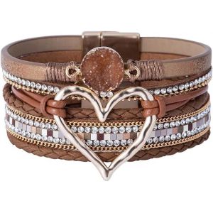 Kal-Bracelet Pour Femme En Cuir R&eacute;tro Mode Poignet En Acier Maille Fermoir Magn&eacute;tique Arbre De Vie Tress&eacute; Cuir Bracelet - Neuf