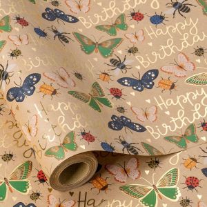Rouleau De Papier Cadeau Kraft - Mini Rouleau - Motif Papillon D'anniversaire En Feuille D'or Idéal Pour Les Anniversaires, Les Vacances, Les Fêtes Et Plus Encore - 43,2 Cm X 5 M - Neuf