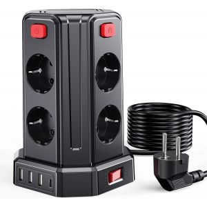 5 m Tour multiprises USB, 8 Prises CA et 4 USB, 2 500 W/10 A, avec Interrupteur pour Table, Bureau, Maison, etc - Neuf