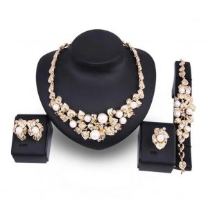 Femmes Glorieuses Bijoux De Mari&eacute;e Ensembles Faux Perle Cristal Feuilles Collier Boucles D'oreilles Bracelet Bague - Neuf