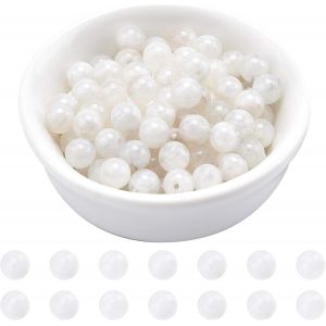 Meimie-Lot De 63 Perles En Pierre De Lune Naturelle,Perles De Rocaille 6mm Perles De Cristal Blanc En Vrac En 1 Brin Pour La Fabrication De Bijoux Collier Bracelet,Trou : 0,8mm - Neuf