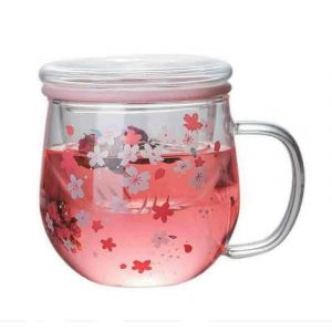 Tasse En Verre Sakura Avec Filtre D'infuseur &Agrave; Th&eacute; Et Couvercle Cerise Verres De 300 Ml - Neuf