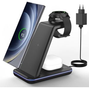 Station De Charge Pour Samsung, 3 En 1 Chargeur Induction Para Samsung S25/S24/S23/S22/S21/Zflip/Fold, Chargeur Sans Fil Para Galaxy Watch Ultra/8/7/6/5, Wireless Charger Para Galaxy Buds-Noir - Neuf