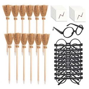 Wizard Party Supplies - Lunettes De Sorcier Avec Monture Ronde Sans Lentilles,Crayon Balai De Sorci&egrave;re Et Tempor Flash - Neuf