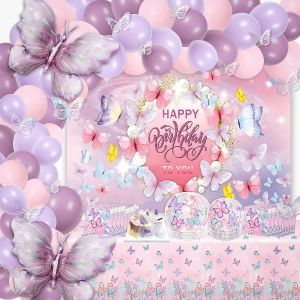 151 Pi&iquest;&iquest;ces Ballon Papillon Decoration Anniversaire, Avec D&iquest;&iquest;coration et Vaisselle Anniversaire Violet Fille, Anniversaire Papillons Theme Fond Nappe,Ballon Arche Papillon, Anniversaire Fille Papillon - Neuf