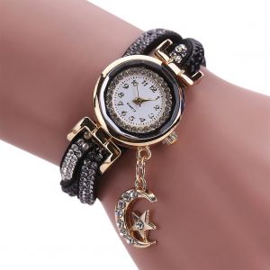Montre-Bracelet A Quartz Multicouches Pour Femme, Avec Pendentif Lune Et Etoile (Noir) - Neuf