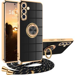 Kal-Coque Samsung Galaxy A55 5g Avec Cordon, Coque Samsung A55 5g Avec Collier Silicone Housse 360° Voiture De Bague Magnétique Antichoc Étui Lanyard Case Téléphone Portable Protection Cover Avec Sup - Neuf