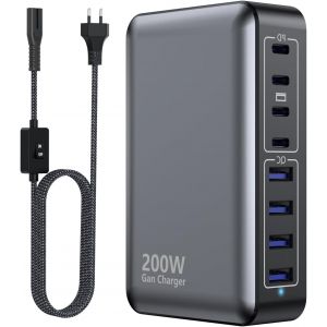 JGD-Chargeur USB-C 200 W, hub de Charge Rapide GaN &agrave; 8 Ports, Adaptateur PD 65 W pour Ordinateur Portable, Compatible avec MacBook Pro/Air, Dell, Steam Deck, iPhone 16/15/14, Galaxy S24 (Noir) - Neuf