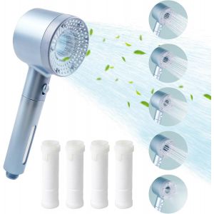 CAP-Pommeau de Douche Haute Pression, Cinq Niveaux Réglables Pommeau de Douche, Avec Fonction D'Arrêt Pommeau Douche, Pommeau de Douche Economie Deau, Livré Avec 4 Morceaux Coton Filtre (Argent) - Neuf