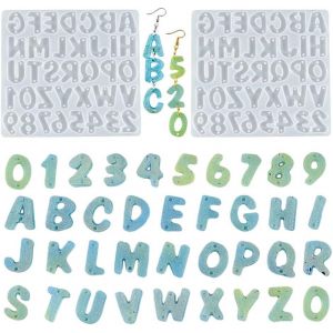 Lot De 2 Moules En R&eacute;sine Pour Alphabet - En Forme De Moule &Agrave; Bijoux - En Silicone - Pour Lettres Et Chiffres - En R&eacute;sine &Eacute;poxy - Avec Trous Pour Bricolage - Neuf