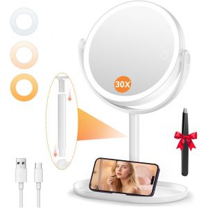 Ulteronixshop-Miroir de Maquillage &Eacute;clair&eacute; 30X/1X avec 3 Couleurs, LED &agrave; Intensit&eacute; Variable, Mirroir Cosm&eacute;tique avec 2 Commande Tactile, Rotation 360&deg;, Miroir Grossisant Lumineux pour Salle de Bain, - Neuf