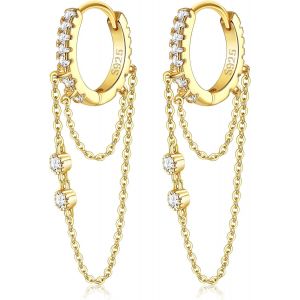 Kal-Creoles Boucles D'oreilles En Argent Sterling 925 Avec Pendentifs En Cha&icirc;ne Pour Femmes Et Filles Boucles D'oreilles Huggie En Zirconium Boucles D'oreilles Avec Pendentifs En Plaqu&eacute; Or - Neuf