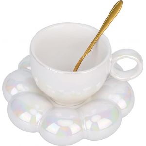 Eryi-Tasse De Café À Fleurs,Mug De Café En Céramique Cloud Et Soucoupe, Tasse Mignonne Avec Cuillère, Tasse De Thé Kawaii Avec Plat De Tournesol, Tasses De Latte 200ml Pour Les Filles (Perle Blanche) - Neuf