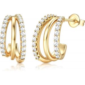14k Gold Plated Large Cubic Zirconia Hoop Earrings 925 Sterling Silver Studs Earrings Silver And Gold Fashion Hypoallergenic For Girls Women - Neuf