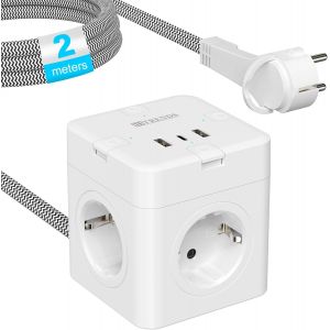 TYE-Cube multiprise, avec 2 ports USB et 1 USB C, 4 prises plates, avec interrupteur unique, 7 en 1, avec c&acirc;ble tress&eacute; de 2 m, pour bureau, voyage, blanc 210007B12 - Neuf