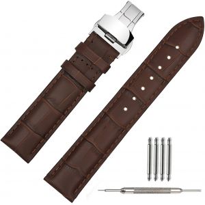 Montre Bracelet En Cuir 21mm - Noir Bande En Cuir De Veau Pour Homme Femme Vintage Retro - Bracelet De Montre Remplacement Avec Boucle Déployante En Acier Inoxydable - Brun - Neuf