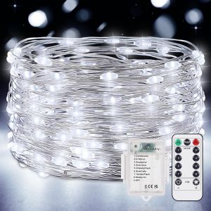 JGD-Guirlande LED &agrave; Pile 1 Pi&egrave;ce 12M 12 LED Guirlande Lumineuse Pile 8 Modes Guirlande Lumineuse LED avec Minuterie et T&eacute;l&eacute;commande pour Chambre Terrasse Int&eacute;rieure Ext&eacute;rieure D&eacute;coration(Blanc Froid) - Neuf