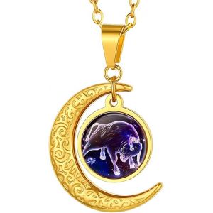 Kales-Collier Astrologique Bélier Plaqué Or Chaîne 50+5cm Pendentif Lune Et Plaque Doré Bijou Tendance Pour Femme Jeune Fille - Neuf