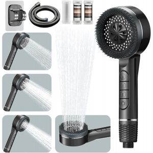 Pommeau de Douche Haute Pression, 4 Types de Jets avec Bouton D'arr&ecirc;t D'eau Pommeau de Douche Anti Calcaire avec Tuyau Douche 1.5M et Support de Douche, Pommeau Douche Economie, Gris (Dark grey) - Neuf