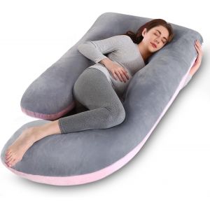 Coussin De Grossesse - Oreiller De Grossesse En Forme De J Pour Femme Enceinte Avec Housse En Velours Amovibl - Coussin D'allaitement - Coussin De Maternit&eacute; Et Corps Pour Dormir (Rose & Gris) - Neuf