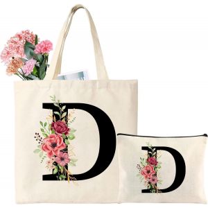 Sjzg-Sac Fourre-Tout En Toile Avec Initiale, Sac Cadeau Personnalis&eacute; Avec Trousse De Maquillage Florale, Adapt&eacute; Pour Mariage, Anniversaire, Plage, Vacances, Excellent Cadeau Pour Femme, Maman - Neuf