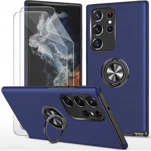 Kal-Coque Pour Samsung Galaxy S24 Ultra 6.8" Et 2 Pièces Verre Trempé Housse Etui Support De Bague Résistant Aux Chocs Résistant Aux Rayures Pc Silicone Heavy Duty Robuste Durable- Bleu - Neuf