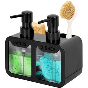 Eryi-Distributeur De Savon De Cuisine, Distributeur De Savon À Main Et Liquide Vaisselle Avec Panier À Éponge Et Support De Brosse, Organiseur De Comptoir 3 En 1 Pour Évier De Cuisine (Noir) - Neuf
