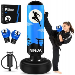 Punching Ball Avec Gants De Boxe Et Pompe, Sac De Boxe Enfant 168 Cm - Id&eacute;al Pour Karat&eacute;, Taekwondo, Cadeau Parfait Pour Gar&ccedil;ons & Filles De 5 &Agrave; 12 Ans - Neuf