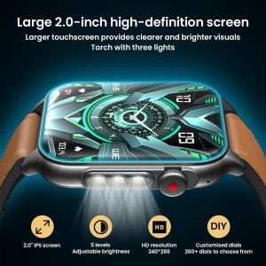 CHENG-Montre Connect&eacute;e Homme Militaire Watch: 2.0" Smartwatch avec Appels Bluetooth 100 Modes de Sport Montre Fitness homme avec 3 Lampe de Poche LED IP67 &eacute;tanche Smart Watch pour Android Phone et ip - Neuf