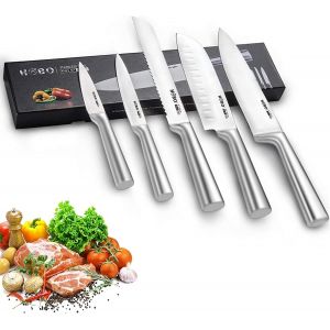 Mevronisshop-Ensemble De Couteaux, Ensemble De Couteaux De Cuisine Professional 5 Pi&egrave;ces En Acier Inoxydable, Poign&eacute;e Givr&eacute;e Antid&eacute;rapante, Couteau De Chef Dentel&eacute; Et Tranchant Standard. - Neuf