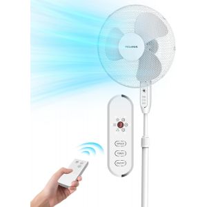 PELONIS Ventilateur sur pied silencieux avec télécommande, 3 pales de 40 cm de diamètre, 3 vitesses, minuterie de 7 heures¿Oscillation de 90°, fonction mémoire d'arrêt, hauteur réglable 110-130 cm - Neuf