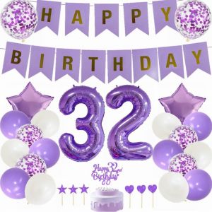 ChicSlick-Décoration D'Anniversaire 32 Ans Homme Femme Violet - Décoration De Gâteau Blanche - Cadeau 32 Ans Ballon[X1128] - Neuf