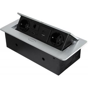 - Bloc multiprise escamotable pour encastrer au Bureau, Bloc multiprise Plan de Travail (Prise EU Type F, USB A+C, RJ45 et HDMI), 265x120mm, Peint en Aluminium Gris M&eacute;tallis&eacute; - Neuf