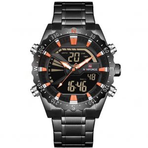 Montre-Bracelet Electronique Tendance Pour Homme Naviforce, Etanche, Avec Bracelet En Acier (Boitier Noir Et Orange) - Neuf