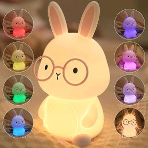 Veilleuse Enfants Lapin Lampe, Silicone Veilleuse B&eacute;b&eacute;s,Tactile Lumiere D'allaitement Dimmable Avec 7 Couleurs, Veilleuses Animaux Led Rechargeable Cadeaux Pour Enfants Gar&ccedil;ons Et Filles - Neuf