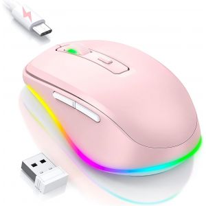 Seenda Souris LED sans fil rechargeable avec Jiggler, silencieuse 2,4 G USB, pour ordinateur portable, ordinateur - DPI 2000 &iquest;&iquest;clair&iquest;&iquest; pour PC, Windows, Mac OS (rose) - Neuf