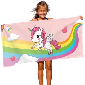 Kal-Serviette De Plage Licorne 70 X 140 Cm - Serviette De Bain Pour Enfant - Séchage Rapide - Pour Femme - Pont Arc-En-Ciel Et Licorne - Neuf